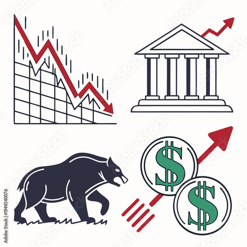 Financial market with bear graph and bank building financial market bear coins business