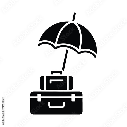 Stacked luggage protected by umbrella icon for travel insurance and safety concepts