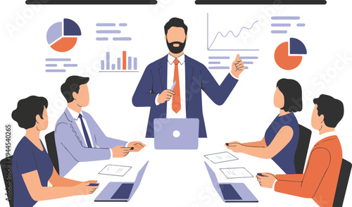 Business conference meeting illustration with presenter explaining financial charts to team around table in modern flat design style