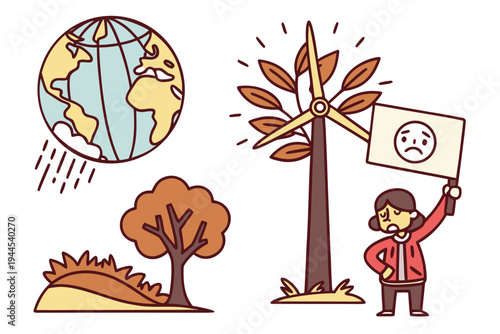 Man holding sign with sad face standing next to wind turbine and trees