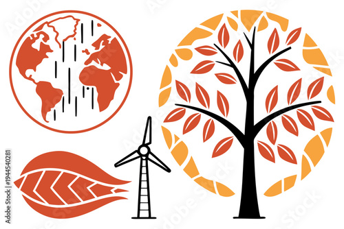 Orange and yellow tree with wind turbine and globe