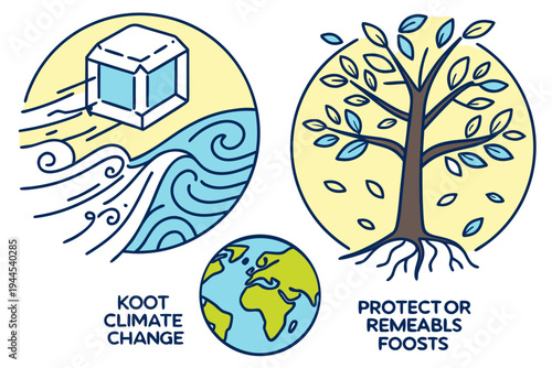 Climate change with tree, globe, and melting ice cube environmental