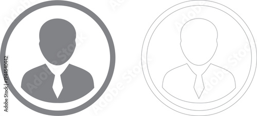 Two grayscale oval icons of a man in a suit and tie