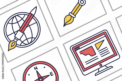 Partial view of on a map globe pencil computer compass