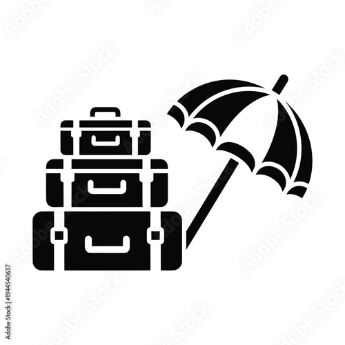 Stack of suitcases covered by umbrella, travel insurance concept icon