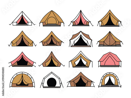 Collection of diverse camping tents in various styles and colors, perfect for outdoor adventures.