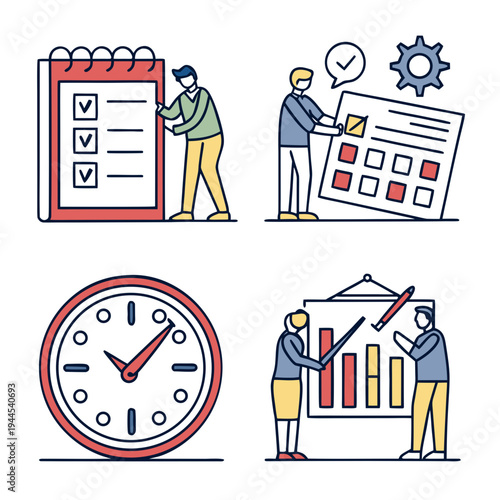 People working with clocks and charts to plan and organize planning organization