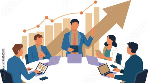 Business meeting illustration with presenter explaining growth charts and upward arrow to team around conference table in modern flat style