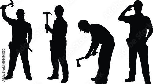 Construction worker silhouettes, builder with hammer, manual labor profession icons, handyman figures, industrial workers collection, repair service concept illustration
