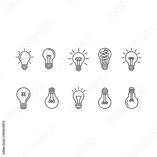 Collection of various light bulb icons in a simple line art style