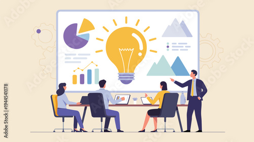 Business analytics meeting illustration with team reviewing charts and dashboards on large digital screens in modern flat style