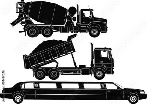Black vector silhouettes of industrial construction vehicles including a cement mixer truck and dump truck alongside a long luxury limousine car