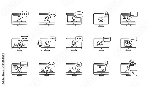 Online video call and videoconference chat line icon set with computer screen communication symbols
