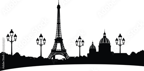 Paris skyline silhouette vector illustration, Eiffel Tower landmark with street lamps and historic buildings, romantic France cityscape travel architecture designv
