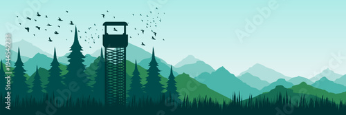 Atmospheric fresh woodland horizon with ranger tower for summer camp outdoor invitation design