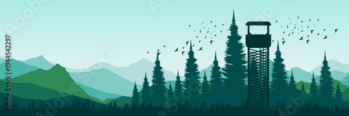Serene dawn over majestic mountains and trees for spiritual morning presentation background