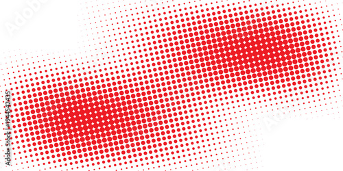Red color halftone gradient texture. Vanishing cartoon polka dot background. Repeating dotted gradation pattern. Fading comic pop art overlay backdrop. Raster halftone effect wallpaper. Vector
