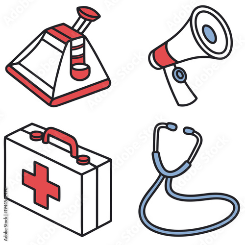 Medical including first aid kit and megaphone beaker stethoscope medical healthcare