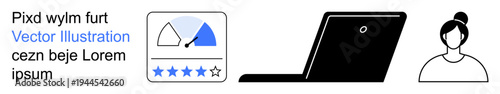 Customer feedback, online rating, user interface design, e-commerce, digital interaction, business evaluation. A rating icon, laptop and person outline digital feedback. Customer feedback and online