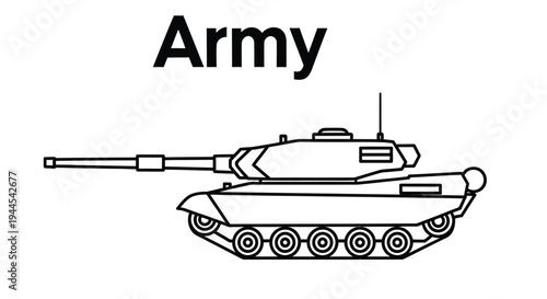 Line drawing of a modern army tank side view with visible tracks and turret