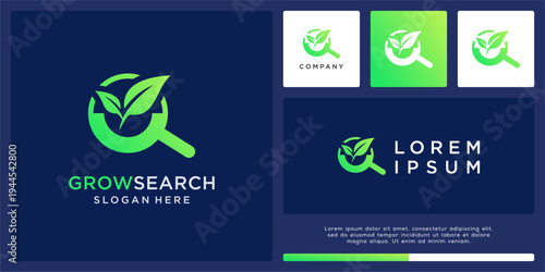 Grow search logo design with leaf and magnifying