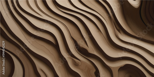Abstract Wooden Wave Pattern Background Texture Design, Brown and Dark Brown Hues, 3D Carved Wood Wall Art