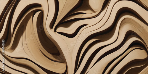 Dark abstract woodgrain wave background with flowing sculptural layers and bronze highlights in an elegant organic design