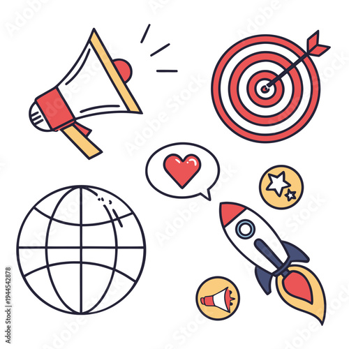 Online marketing and target with megaphone, target, globe, and rocket