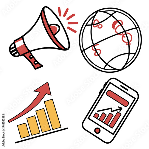 Online marketing and mobile with megaphone, globe, graph, and smartphone