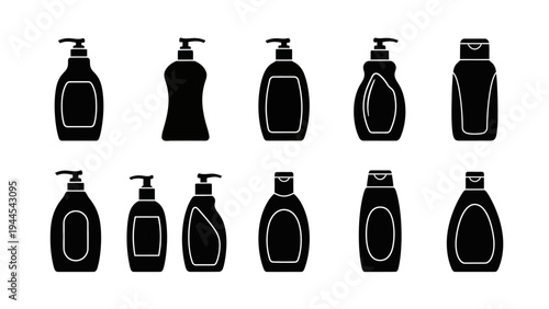 Black silhouettes of various cosmetic bottles.