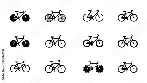 A collection of bicycle icons in black.