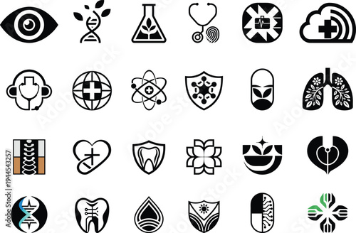 Medical and Biotechnology Icon Set Featuring Telehealth Genetics and Holistic Healthcare Symbols