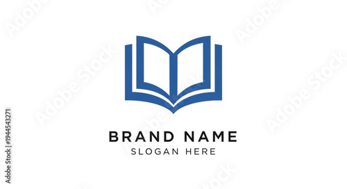 Open book logo with brand name and slogan placeholder, representing knowledge and education.