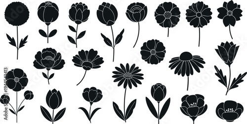 Large collection of black floral silhouette icons featuring various garden flower heads with stems and leaves isolated on white background vector