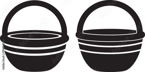 Two black silhouette baskets with handles and striped rims