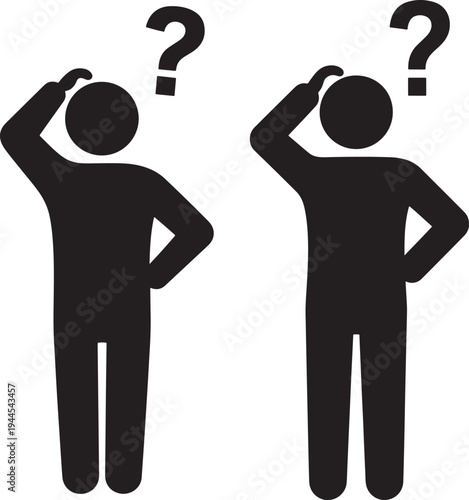 Two confused figures scratching heads with question marks
