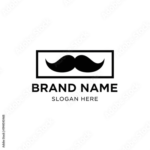 Classic black mustache logo design within a rectangle frame, representing a brand name and slogan.