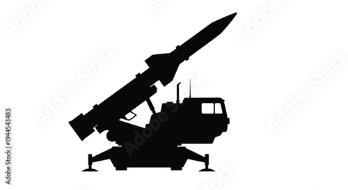 Silhouette of a surface to air missile system likely a patriot on a white background