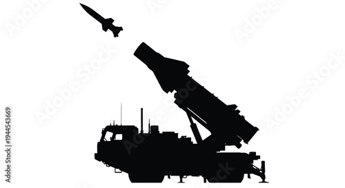 Silhouetted missile launch system against a stark white background showcasing military technology