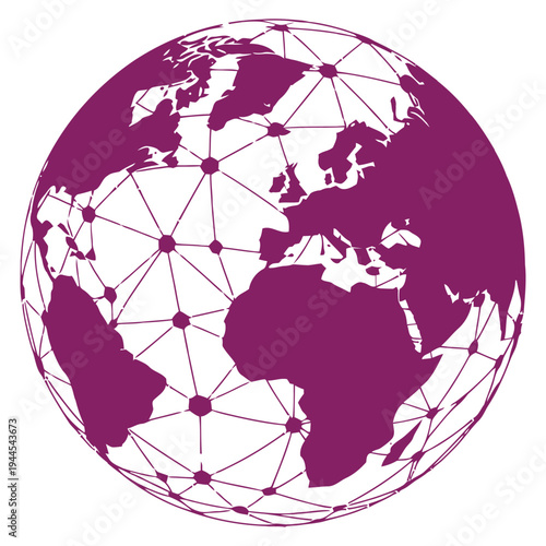 Geographic globe with highlighted landmasses and interconnected nodes worldwide