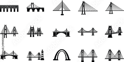Black vector silhouettes of various bridge types including suspension cable stayed arched and stone structures for civil engineering and urban infrastructure design