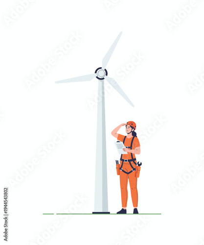 Worker inspecting wind turbine maintenance safety vector illustration