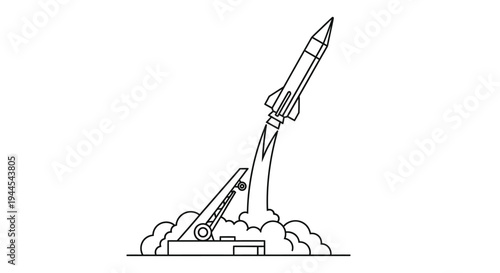 Line drawing of a rocket launching from a mobile platform with exhaust flames