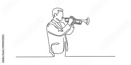 Continuous one line drawing of a musician playing the trumpet in a minimalist artistic style Vector, illustration
