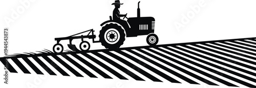 Farmer driving tractor plowing agricultural field silhouette, rural farming landscape with cultivated rows, agriculture machinery vector illustration for harvest, countryside and farm work
