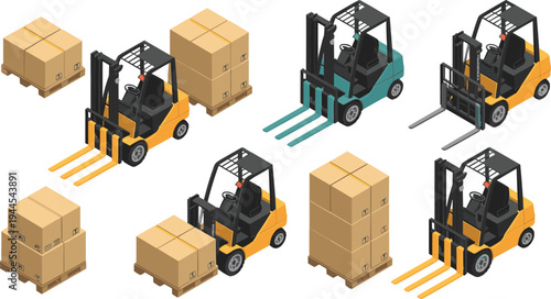 Isometric forklift trucks with cargo pallets boxes, warehouse logistics equipment loading transport industrial material handling illustration set