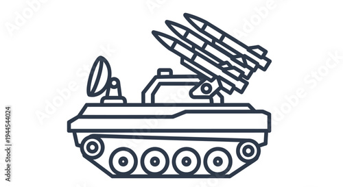 Line art illustration of a military vehicle launching multiple rockets