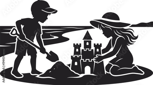 Children playing on beach silhouette with boy digging sand and girl building sandcastle for summer vacation and family holiday vector design
