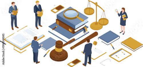 Isometric legal justice concept illustration, lawyers and law books, gavel, scales of justice, legal documents, courtroom law system concept