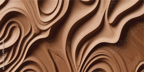 A brown wood texture background featuring a flowing chocolate swirl pattern with soft cream waves and dark cocoa satin highlights for a sweet dessert food illustration
